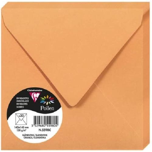 Clairefontaine 5598C – Paquet de 20 enveloppes Pollen de couleur Clémentine format Carrée 140x140 mm 120g, patte gommée