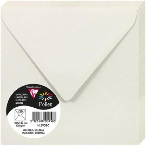 Clairefontaine 5958C – Paquet de 20 enveloppes Pollen de couleur Gris Perle format Carrée 140x140 mm 120g, patte gommée