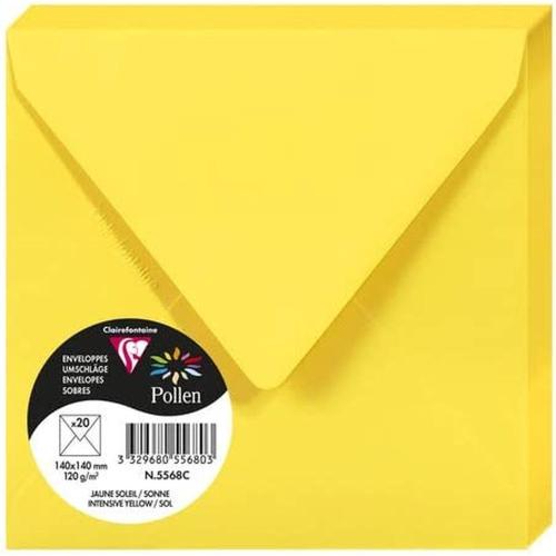 Clairefontaine 5568C – Paquet de 20 enveloppes Pollen de couleur Jaune Soleil format Carrée 140x140 mm 120g, patte gommée