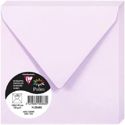 Clairefontaine 5868C – Paquet de 20 enveloppes Pollen de couleur Lilas format Carrée 140x140 mm 120g, patte gommée
