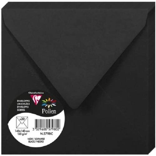 Clairefontaine 5798C – Paquet de 20 enveloppes Pollen de couleur Noir format Carrée 140x140 mm 120g, patte gommée