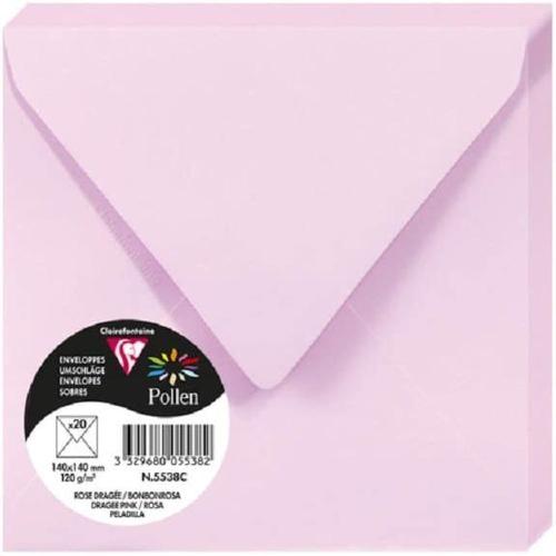Clairefontaine 5538C – Paquet de 20 enveloppes Pollen de couleur Rose Dragée format Carrée 140x140 mm 120g, patte gommée