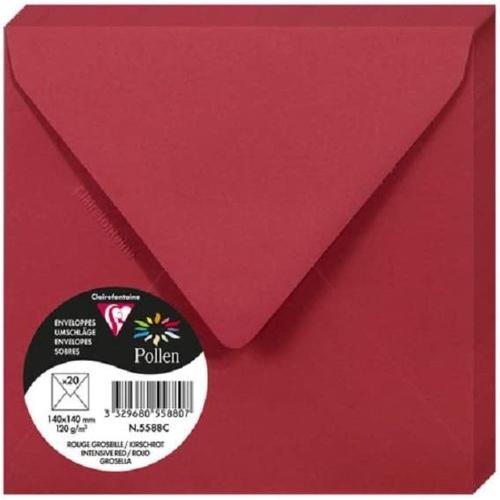 Clairefontaine 5588C – Paquet de 20 enveloppes Pollen de couleur Rouge Groseille format Carrée 140x140 mm 120g, patte gommée