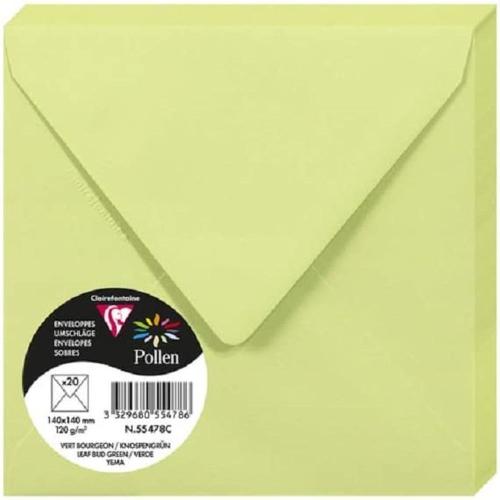 Clairefontaine 55478C – Paquet de 20 enveloppes Pollen de couleur Vert Bourgeon format Carrée 140x140 mm 120g, patte gommée