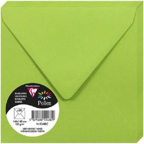 Clairefontaine 5548C – Paquet de 20 enveloppes Pollen de couleur Vert Menthe format Carrée 140x140 mm 120g, patte gommée