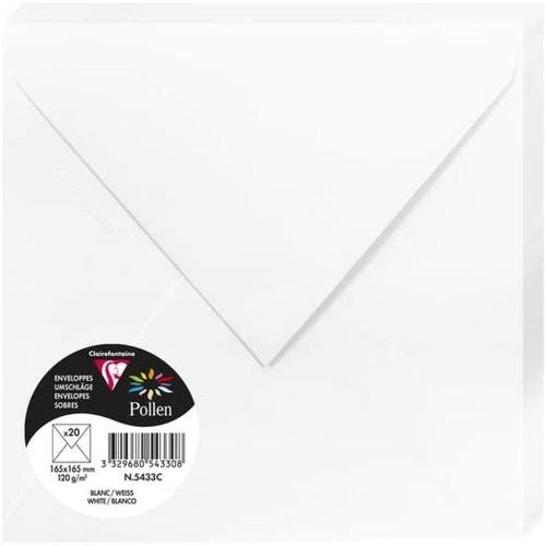Clairefontaine 5433C – Paquet de 20 enveloppes Pollen de couleur Blanc format Carrée 165x165 mm 120g, patte gommée