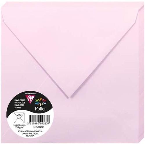 Clairefontaine 5533C – Paquet de 20 enveloppes Pollen de couleur Rose Dragée format Carrée 165x165 mm 120g, patte gommée