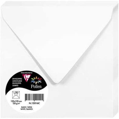 Clairefontaine 12016C – Paquet de 20 enveloppes Pollen de couleur Blanc format carré 120x120 mm 120g, patte gommée