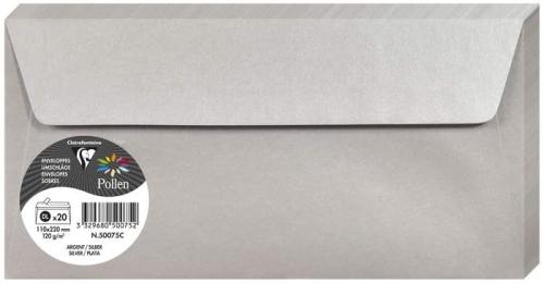Clairefontaine 50075C – Paquet de 20 enveloppes Pollen de couleur Argent Irisé format DL 110x220 mm 120g, auto-adhésive