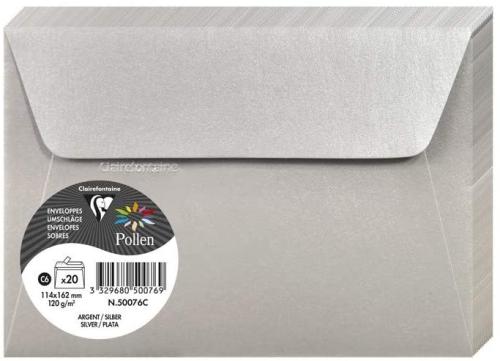 Clairefontaine 50076C – Paquet de 20 enveloppes Pollen de couleur Argent Irisé format C6 114x162 mm 120g, auto-adhésive
