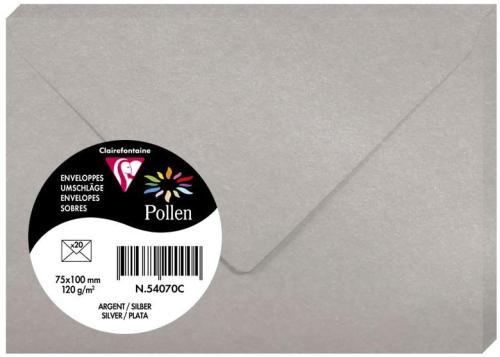 Clairefontaine 54070C – Paquet de 20 enveloppes Pollen de couleur Argent Irisé format 75x100 mm 120g, patte gommée