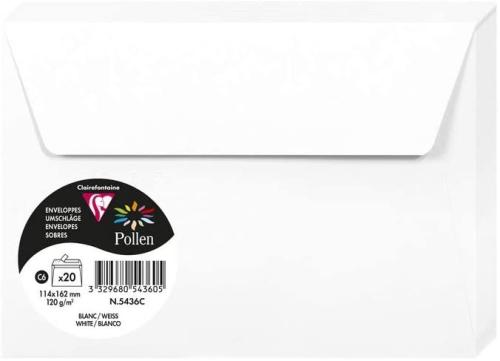 Clairefontaine 5436C – Paquet de 20 enveloppes Pollen de couleur Blanc format C6 114x162 mm 120g, auto-adhésive