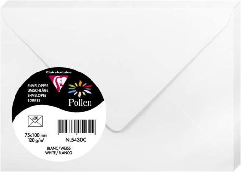 Clairefontaine 5430C – Paquet de 20 enveloppes Pollen de couleur Blanc format 75x100 mm 120g, patte gommée