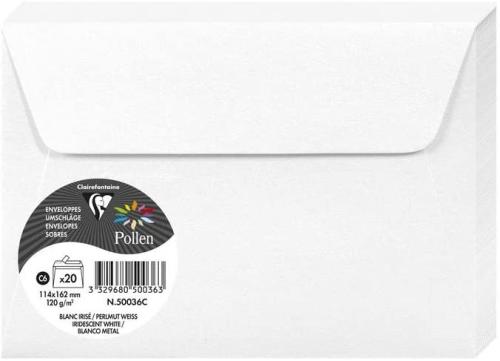 Clairefontaine 50036C – Paquet de 20 enveloppes Pollen de couleur Blanc irisé format C6 114x162 mm 120g, auto-adhésive