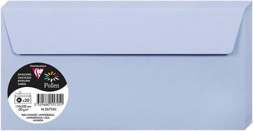 Clairefontaine 55725C – Paquet de 20 enveloppes Pollen de couleur Bleu Lavande format DL 110x220 mm 120g, auto-adhésive