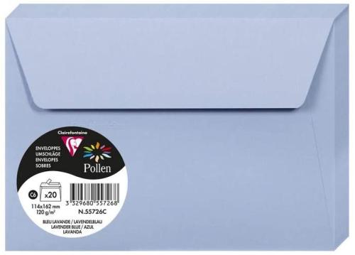 Clairefontaine 55726C – Paquet de 20 enveloppes Pollen de couleur Bleu Lavande format C6 114x162 mm 120g, auto-adhésive