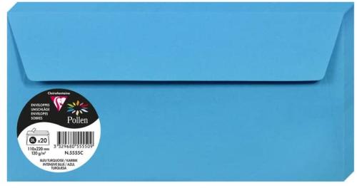 Clairefontaine 5555C – Paquet de 20 enveloppes Pollen de couleur Bleu Turquoise format DL 110x220 mm 120g, auto-adhésive
