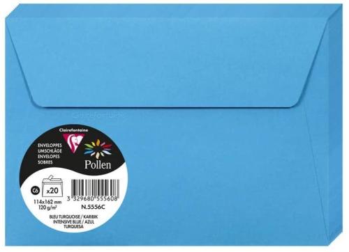 Clairefontaine 5556C – Paquet de 20 enveloppes Pollen de couleur Bleu Turquoise format C6 114x162 mm 120g, auto-adhésive