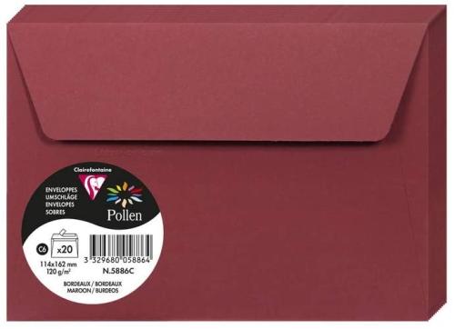 Clairefontaine 5886C – Paquet de 20 enveloppes Pollen de couleur Bordeaux format C6 114x162 mm 120g, auto-adhésive