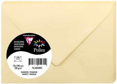 Clairefontaine 5840C – Paquet de 20 enveloppes Pollen de couleur Chamois format 75x100 mm 120g, patte gommée
