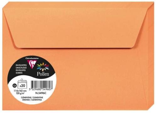 Clairefontaine 5496C – Paquet de 20 enveloppes Pollen de couleur Clémentine format C6 114x162 mm 120g, auto-adhésive