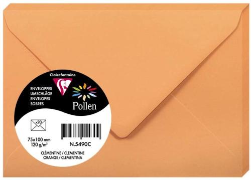 Clairefontaine 5490C – Paquet de 20 enveloppes Pollen de couleur Clémentine format 75x100 mm 120g, patte gommée