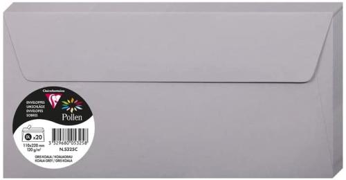 Clairefontaine 5325C – Paquet de 20 enveloppes Pollen de couleur Gris Koala format DL 110x220 mm 120g, auto-adhésive