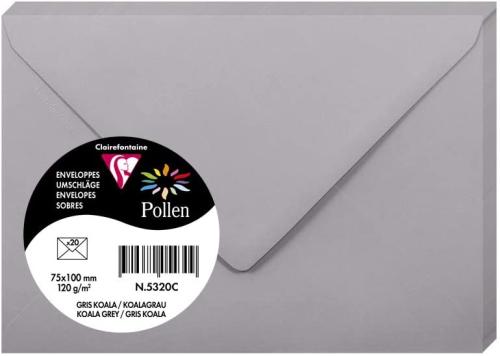 Clairefontaine 5320C – Paquet de 20 enveloppes Pollen de couleur Gris Koala format 75x100 mm 120g, patte gommée