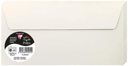 Clairefontaine 5055C – Paquet de 20 enveloppes Pollen de couleur Gris Perle format DL 110x220 mm 120g, auto-adhésive
