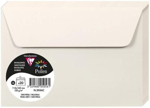 Clairefontaine 5056C – Paquet de 20 enveloppes Pollen de couleur Gris Perle format C6 114x162 mm 120g, auto-adhésive
