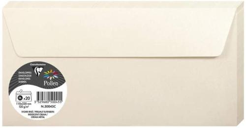 Clairefontaine 50045C – Paquet de 20 enveloppes Pollen de couleur Ivoire Irisé format DL 110x220 mm 120g, auto-adhésive