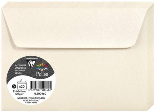 Clairefontaine 50046C – Paquet de 20 enveloppes Pollen de couleur Ivoire Irisé format C6 114x162 mm 120g, auto-adhésive