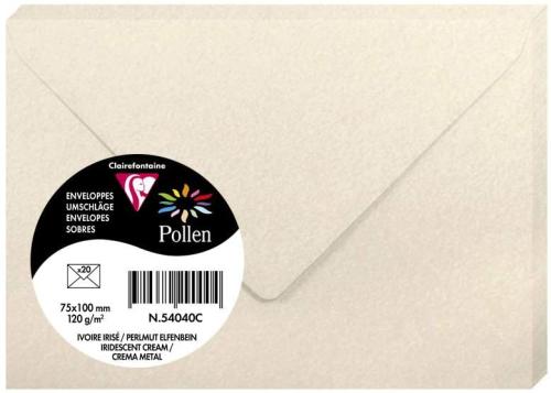 Clairefontaine 54040C – Paquet de 20 enveloppes Pollen de couleur Ivoire Irisé format 75x100 mm 120g, patte gommée