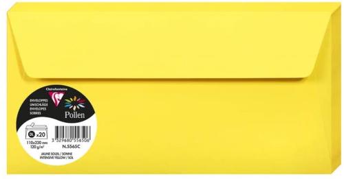 Clairefontaine 5565C – Paquet de 20 enveloppes Pollen de couleur Jaune Soleil format DL 110x220 mm 120g, auto-adhésive