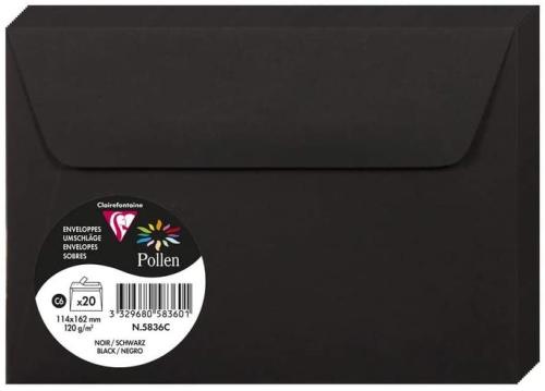 Clairefontaine 5836C – Paquet de 20 enveloppes Pollen de couleur Noir format C6 114x162 mm 120g, auto-adhésive