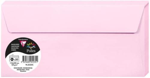Clairefontaine 5535C – Paquet de 20 enveloppes Pollen de couleur Rose Dragée format DL 110x220 mm 120g, auto-adhésive
