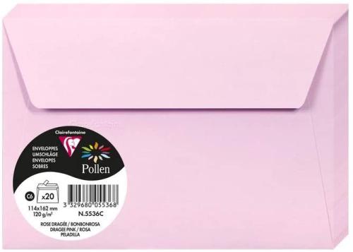 Clairefontaine 5536C – Paquet de 20 enveloppes Pollen de couleur Rose Dragée format C6 114x162 mm 120g, auto-adhésive