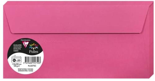 Clairefontaine 5575C – Paquet de 20 enveloppes Pollen de couleur Rose Fuchsia format DL 110x220 mm 120g, auto-adhésive