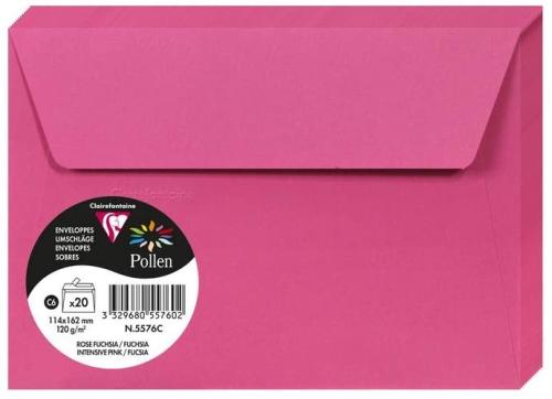 Clairefontaine 5576C – Paquet de 20 enveloppes Pollen de couleur Rose Fuchsia format C6 114x162 mm 120g, auto-adhésive