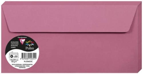 Clairefontaine 55655C – Paquet de 20 enveloppes Pollen de couleur Rose Hortensia format DL 110x220 mm 120g, auto-adhésive