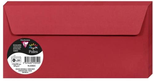 Clairefontaine 5585C – Paquet de 20 enveloppes Pollen de couleur Rouge Groseille format DL 110x220 mm 120g, auto-adhésive