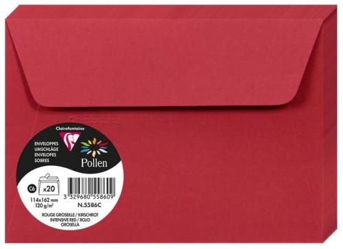 Clairefontaine 5586C – Paquet de 20 enveloppes Pollen de couleur Rouge Groseille format C6 114x162 mm 120g, auto-adhésive