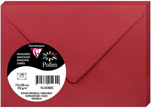 Clairefontaine 5580C – Paquet de 20 enveloppes Pollen de couleur Rouge Groseille format 75x100 mm 120g, patte gommée