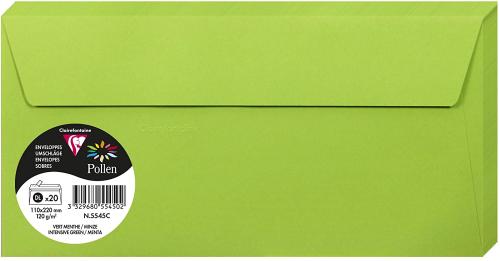 Clairefontaine 5545C – Paquet de 20 enveloppes Pollen de couleur Vert Menthe format DL 110x220 mm 120g, auto-adhésive