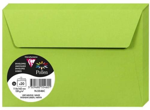 Clairefontaine 5546C – Paquet de 20 enveloppes Pollen de couleur Vert Menthe format C6 114x162 mm 120g, auto-adhésive