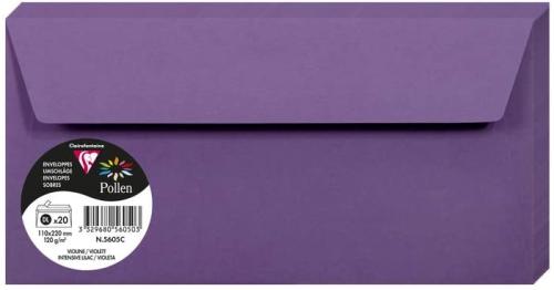Clairefontaine 5605C – Paquet de 20 enveloppes Pollen de couleur Violine format DL 110x220 mm 120g, auto-adhésive