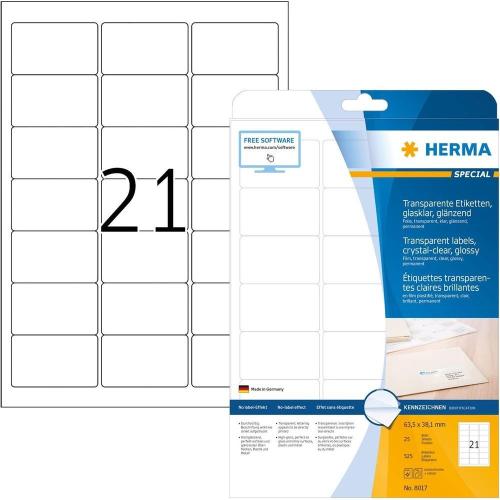 Herma – Boite de 525 étiquettes tranparentes (21 par feuille A4) – Format 63,5x38,1 mm – Impression laser