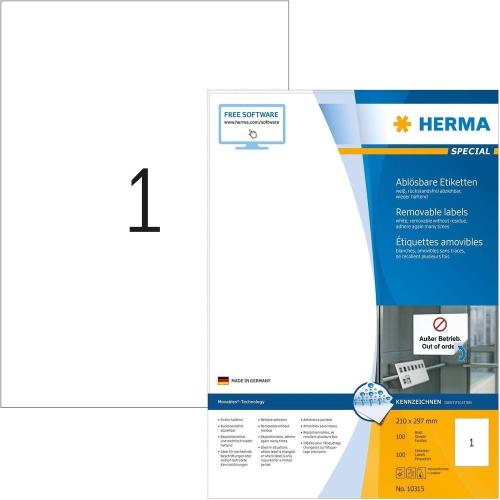 Herma Papier autocollant imprimante repositionnable - 100 étiquettes - 210 x 297 mm - 1 étiquettes imprimables par feuille A4 - Personnalisables et imprimables - Impression laser / Jet d'encre