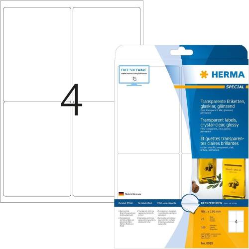 Herma – Feuille autocollante transparente - 100 étiquettes - 99,1 x 139 mm - 4 étiquette par feuille A4 - Personnalisable et imprimable - Impression laser