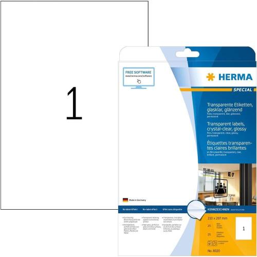 Herma – Feuille autocollante transparente - 25 étiquettes - 210 x 297 mm - 12 étiquette par feuille A4 - Personnalisable et imprimable - Impression laser